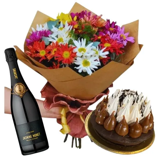 Ramo de flores margaritas con torta y espumante